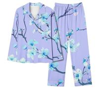 Pigiama da donna Autunno Inverno Stampe Fiore Stampe Pantaloni Lunghi Pigiameria Set Morbido Comodo Night Wear Scollo a V Lounge Wear Carino Due Pezzi Comodo Pigiama Wear, Viola, L