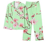 Pigiama da donna Autunno Inverno Stampe Fiore Stampe Pantaloni Lunghi Pigiameria Set Morbido Comodo Night Wear Scollo a V Lounge Wear Carino Due Pezzi Comodo Pigiama Wear, Verde, S