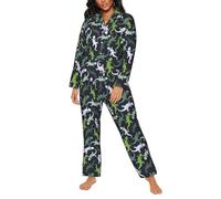 Pigiama da donna - Bella lucertola geco verde vestiti da notte da donna con tasche, nero/bianco, S