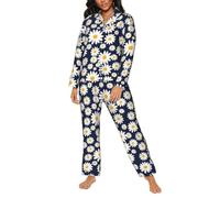 Pigiama da donna - Biancheria da notte con motivo floreale margherita - Pigiama da donna con tasche, nero/bianco, XXL
