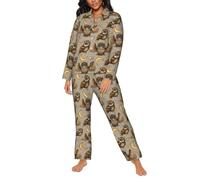 Pigiama da donna - Biancheria da notte con motivo luna, stelle, gufi, abbigliamento da notte da donna con tasche, nero/bianco, XXL