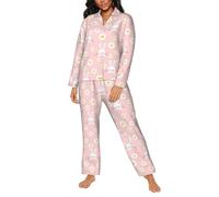 Pigiama da donna - Biancheria da notte da donna con tasche, motivo coniglio, margherita, rosa, nero/bianco, S