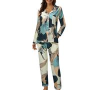 Pigiama da donna casual con stampa a bottoni a due pezzi a maniche lunghe pigiama vestito tessuto delicato sulla pelle uno stile con un senso del design alla moda e confortevole, Verde, M