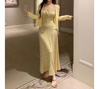 Pigiama da donna composto da un cappotto corto tinta unita e una canottiera lunga aderente con stampa floreale ditsy, abbigliamento autunnale L,M,SPianteTessuto in maglia