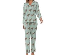 Pigiama da Donna con Asino dei Cartoni Animati, Completo da Notte, Camicia a Maniche Lunghe, Top e Pantaloni, 2 Pezzi.