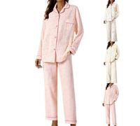 Pigiama da donna con bottoni, a maniche lunghe, 2 pezzi, vestibilità ampia, con top morbido e pantaloni a gamba larga, abbigliamento da notte alla moda con tasche, leggero, comodo da indossare per la
