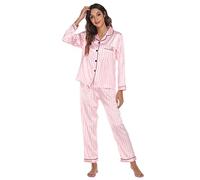 Pigiama da donna con bottoni, in raso di seta, pigiama da donna con stampa floreale e piume, a righe, a maniche lunghe, pigiama con tasca sul petto, top a maniche lunghe e pantaloni del pigiama, rosa,