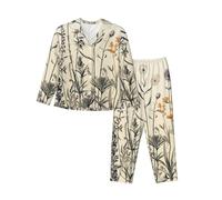 Pigiama da donna con bottoni, motivo floreale, erbe, botanico, a maniche lunghe, con tasca, set da notte, Nero , M