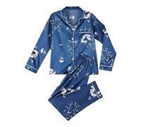 Pigiama da donna con bottoni, set di pigiama invernale a maniche lunghe, morbido, con tasca, comodo top con bottoni e pantaloni a gamba larga, casual, Blu, L