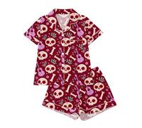 Pigiama da donna con colletto a risvolto, maniche corte, pantaloncini per comodità, pigiama da donna con stampa all-over, taglio per ogni stagione, materiale facile da pulire, lavabile a mano e in