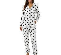 Pigiama da donna con colletto con risvolto, stampa a pois, camicia a maniche lunghe e pantaloni, due pezzi, 01#A, XXL