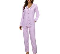 Pigiama da donna con colletto con risvolto, stampa abbottonata, camicia a maniche lunghe e pantaloni, pigiama a due pezzi, 01# Viola, XXL