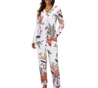 Pigiama da donna con colletto con risvolto, stampa abbottonata, camicia a maniche lunghe e pantaloni, pigiama a due pezzi, 01# Rosa, XL