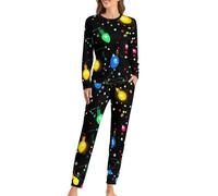 Pigiama da donna con luci colorate di Natale, top a maniche lunghe e pantaloni morbidi, 2 pezzi, Stile:, XXL