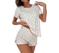 Pigiama da donna con motivo a ciliegia, con orlo ondulato, in jersey, a maniche corte, morbido, leggero, comodo, traspirante, elastico in vita, girocollo, per dormire, bianco, m