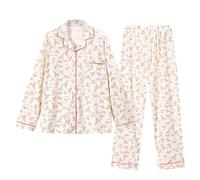 Pigiama da donna con motivo floreale, set pigiama da donna con bottoni | Pigiama da donna a due pezzi, a maniche lunghe, con colletto, con tasche, molto accogliente, per casa e lounge