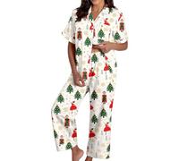 Pigiama da donna con motivo natalizio - Pigiama in due pezzi con stampa Schiaccianoci e albero di Natale, accogliente biancheria da notte per le vacanze, Stil_i01 verde, L