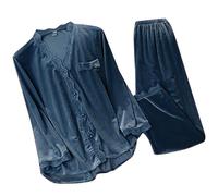 Pigiama da donna con orlo a volant, cardigan a maniche lunghe e pantaloni con orlo arricciato, set di due pezzi leggero, morbido e confortevole, abbigliamento da notte per tutte le stagioni, Blu, M