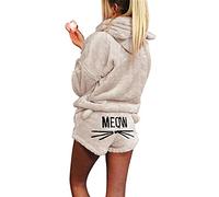 Pigiama da donna con ricamo gatto 2 pezzi inverno carino ragazze indumenti da notte con cappuccio orecchie di gatto accappatoio a maniche lunghe pantaloncini in pile tuta tuta, Beige, XL