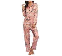 Pigiama da donna con risvolto con pigiama, grazioso, motivo caldo, invernale, con abbottonatura, elastico, comodo, da notte, morbido, traspirante, per il tempo libero, O oro rosa, XL