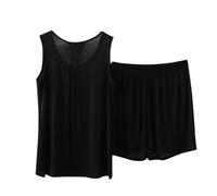 Pigiama da donna, con scollo a U, corto, per la casa, senza maniche, canotta e pantaloncini, biancheria da notte in due pezzi, taglie grandi, loungewear, Nero , XXL