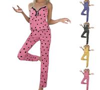 Pigiama da donna con scollo a V, canotta senza maniche e pantaloni stampati a gamba larga, gilet con spacco laterale, 2 pezzi, top corto e pantaloni con motivo a cuore, rosa, L