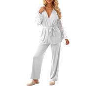 Pigiama da donna con scollo a V, in pizzo, patchwork, per il tempo libero, per la casa, le vacanze, pigiama + pantaloni da pigiama, elegante tuta lunga, morbida, biancheria da notte estiva