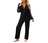 Pigiama da donna con scollo a V, in pizzo, patchwork, per il tempo libero, per la casa, le vacanze, pigiama + pantaloni da pigiama, elegante tuta lunga, morbida, biancheria da notte estiva