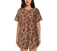 Pigiama da donna con stampa a chicco di caffè marrone da donna, set di biancheria da notte a maniche corte, nero/bianco, M