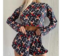 Pigiama da donna con stampa a maniche lunghe e pantaloncini, abbigliamento da casa in due pezzi con elasticità moderata, abbigliamento da notte in poliestere per primavera, estate, autunno, inverno