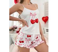 Pigiama da donna con stampa con fiocco e ciliegie, con pantaloncini e spalline sottili, per moglie, madre, partner, 2 pezzi