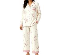 Pigiama da donna con stampa rovesciata con bottoni, beige | Set pigiama da donna con stampa floreale vivace, top e pantaloni a maniche lunghe, 2 pezzi, abbigliamento da salotto da donna
