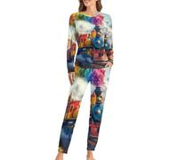 Pigiama da donna con treno a vapore, arcobaleno, nuvole, cielo, foreste, montagna, lounge, maniche lunghe, pantaloni morbidi, 2 pezzi, Stile:, XXL
