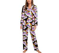 Pigiama da donna con unicorno arcobaleno, 2 pezzi, a maniche lunghe, con colletto cubano, Stile 6, M