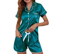 Pigiama da donna corto da donna, estivo, set da 2 pezzi, con camicia da notte, a maniche corte e pantaloncini, biancheria da notte in seta, verde, S