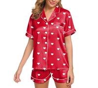 Pigiama da donna corto da donna, estivo, set da 2 pezzi, con pantaloncini da notte e camicia da notte, a maniche corte, biancheria da notte corta, abbottonatura, pigiama pigiama, Colore: rosso, S