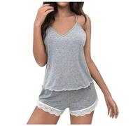 Pigiama da donna corto da donna, estivo, set da 2 pezzi, con pantaloncini da notte e spalline, senza maniche, corto, pigiameria in pizzo, grigio., S