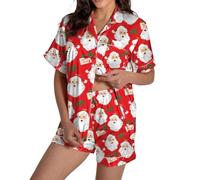 Pigiama da donna, corto, dolce, lungo, in cotone, per Natale, per la famiglia, set di coccole, camicia da notte, a maniche corte, da notte, Colore: rosso, L