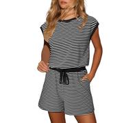 Pigiama da donna, corto, in due pezzi, a righe, a maniche corte, in cotone, girocollo, biancheria da notte estiva a maglia, maglietta e pantaloncini con tasche, per il tempo libero, per la casa, le