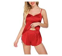 Pigiama da donna, corto, sexy, 2 pezzi, cami top e pantaloncini, estivo, senza maniche, in raso, con scollo a V, con spalline sottili, slim fit, lingerie, Colore: rosso, L