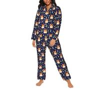 Pigiama da donna - divertente pigiama da notte per cani corgi carino con luna, stelle, abbigliamento da notte da donna con tasche, nero/bianco, L