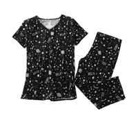 Pigiama da donna estivo in cotone Set di pigiama da donna a maniche corte stampato a collo rotondo set di pigiami corti abiti da notte 2 pezzi con maglietta e pantaloni Capri, Nero , M