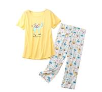 Pigiama da donna estivo in cotone Set di pigiama da donna a maniche corte stampato a collo rotondo set di pigiami corti abiti da notte 2 pezzi con maglietta e pantaloni Capri, giallo, XXL