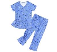 Pigiama da donna estivo in set di pigiama da donna a maniche corte stampato con scollo a V set di pigiami corti abiti da notte 2 pezzi con maglietta e pantaloni Capri, blu, XL