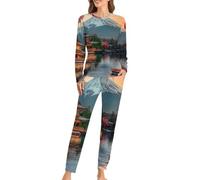 Pigiama da donna giapponese Fuji Cherry Flowers Lounge a maniche lunghe e pantaloni morbidi pigiameria 2 pezzi pigiama, Stile:, M