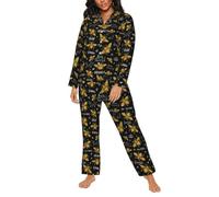 Pigiama da donna - Hohey Bee - Biancheria da notte con ricamo dorato - Biancheria da notte da donna con tasche, nero/bianco, XXL