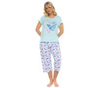Pigiama da Donna in 100% Jersey di Cotone a Maniche Corte con Gamba Corta, Animale, Farfalla, Orso e Cuore, Summer Heart Turchese, 8-10