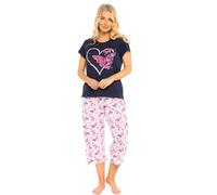 Pigiama da donna in 100% jersey di cotone a maniche corte con gamba corta, animale, farfalla, orso e cuore, Summer Heart Navy, 16-18