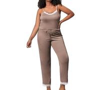 Pigiama da donna in cotone, buona vestibilità, cotone caldo, a quadretti, pigiameria, set di biancheria da notte, morbido e caldo con felpa Sleepwear Soft Loungewear, cachi, S