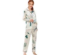 Pigiama da donna in cotone, buona vestibilità, da donna, con scollo rotondo, morbido cotone a maniche lunghe, ampio e comodo, a maniche lunghe, in due pezzi, bianco, XL